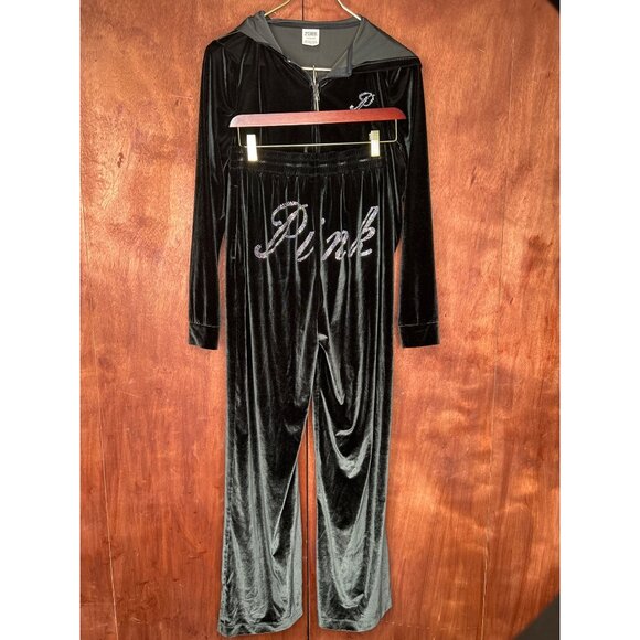 Victorias Secret PINK Black Velour Hoodie & Jogger Set W/Rhinestones Womens S - Picture 2 of 9